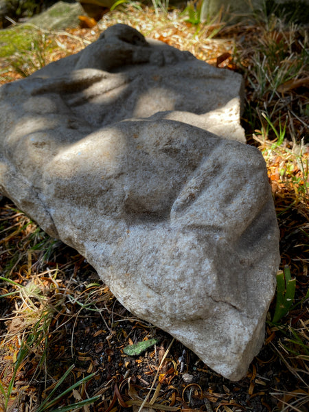 Antique Architectural Ecclesiastical Carved Stone Fragment Depicting Cherub/Angel Standing Over Fallen Figure, Possibly Lucifer