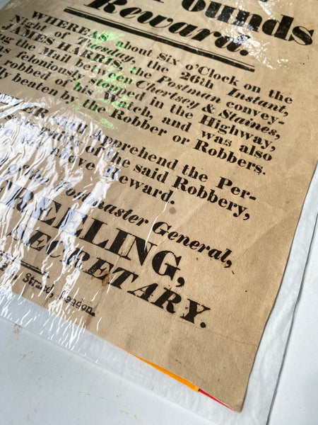 Rare Antique 19th Century Highway Robbery Reward Poster Postman Robbed & Cruelly Beaten