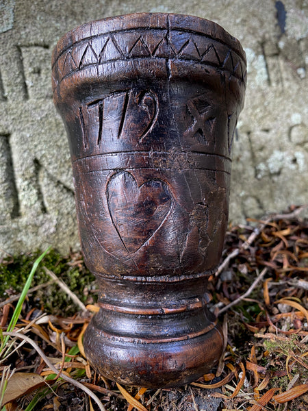 Rare 18th Century Goblet Carved From A Single Piece Of Oak With Assortment Of Protection Marks Dated 1779 - Source Vintage