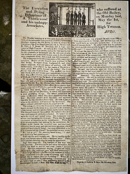 Rare Antique 19th Century Execution Broadside For The Execution Of Arthur Thistlewood and the Cato Street conspirators 1820 - Source Vintage