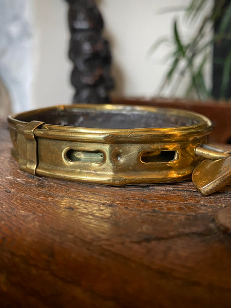 Antique 19th Century Brass & Leather Monkey Collar With Padlock - Source Vintage