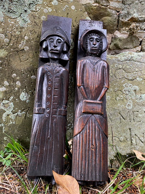 Utterly Charming Pair Antique Folky Carved Wooden Caryatid Figures