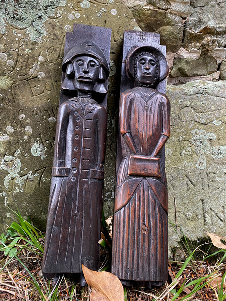 Utterly Charming Pair Antique Folky Carved Wooden Caryatid Figures