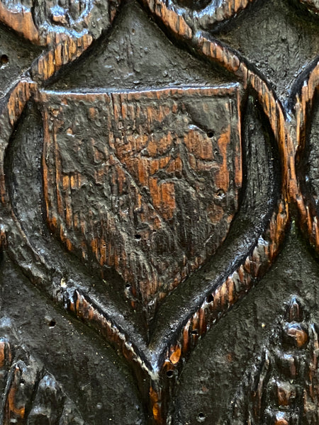 Extremely Rare Pair Of English 15th Century Oak Heraldic Panels With Rare Concentric Circle Apotropaic Witch Marks & Scorch Marks