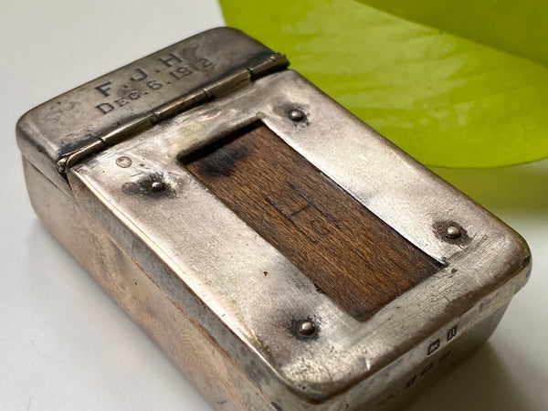 Antique WW1 Make Do Silver Vesta Case With Modified Wood Debris Fragment Inserted By A Soldier As A Memento Of A Bombing They Survived - Source Vintage