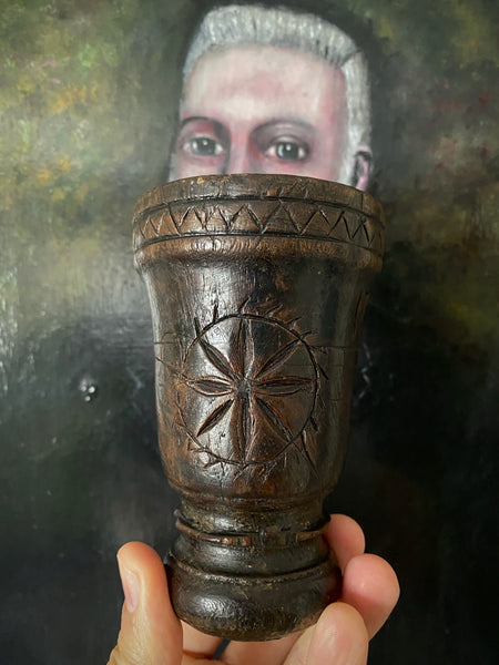 Rare 18th Century Goblet Carved From A Single Piece Of Oak With Assortment Of Protection Marks Dated 1779 - Source Vintage