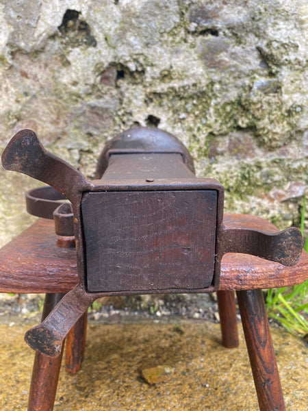 Unusual Antique French 19th Century Rustic Oak & Wrought Iron Candle Holder - Source Vintage