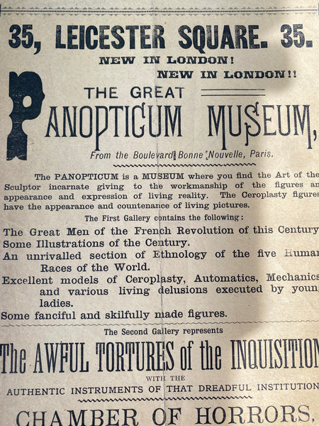 Rare Antique 19th Century Victorian Advertisement For The Great Panopticum Museum Of Curiosities & The Macabre