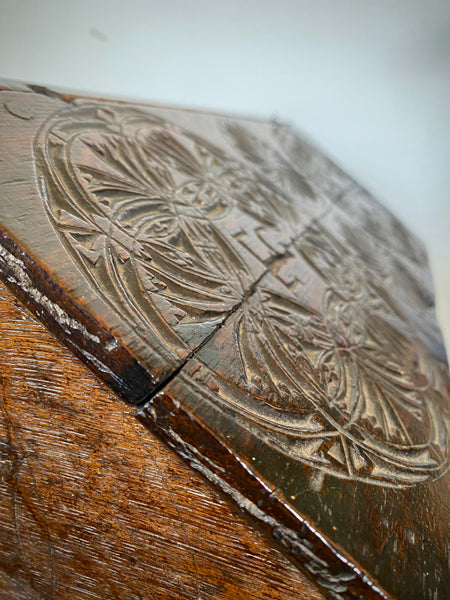 Antique 17th Century Oak Bible Box Dated 1654, Initialled, Heavily Carved, Cryptic Text & Symbols, Faint Protection Mark To One Side