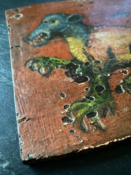 Curious Antique 18th - Early 19th Century Folk Art Painting On Board Of A Medieval Beast - Source Vintage