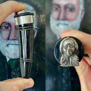 Rare Antique 19th Century Carved Horn & Sterling Silver Snuff Mull With Mysterious Allegorical Silver Head