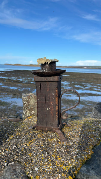 Unusual Antique French 19th Century Rustic Oak & Wrought Iron Candle Holder - Source Vintage