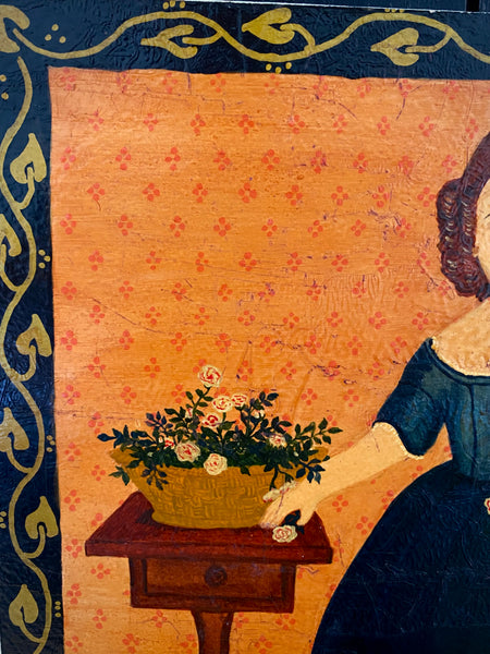 Naive Folk Art Oil Painting Girl With Flowers By Leslie Stafford (1949–2024) - Source Vintage
