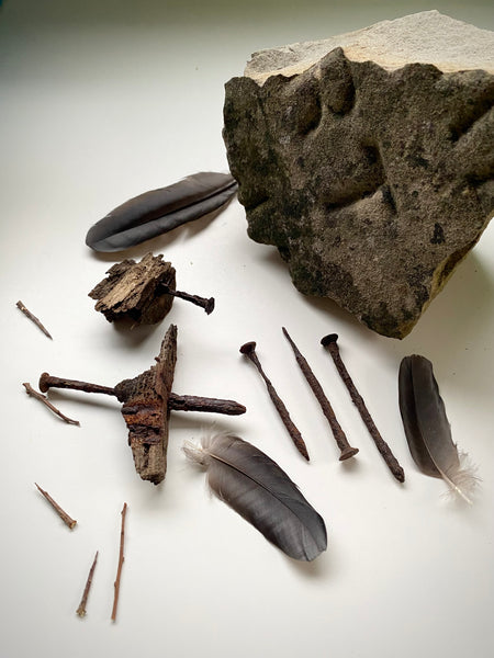 Grave Digger Collection Of An Early 19th C. Gravestone Fragment & Coffin Nails With Remnants Of Coffin Wood Of The Same Period - Source Vintage