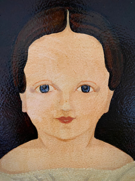 Naive Folk Art Oil Painting Child Holding A Doll By Leslie Stafford (1949–2024) - Source Vintage