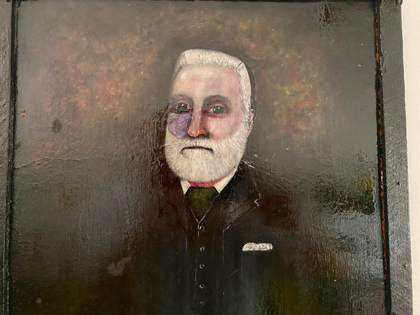 Vintage Naive Folk Art Portrait Painting Oil On Board By Ian. W. Edwards 1947-2024 - Source Vintage