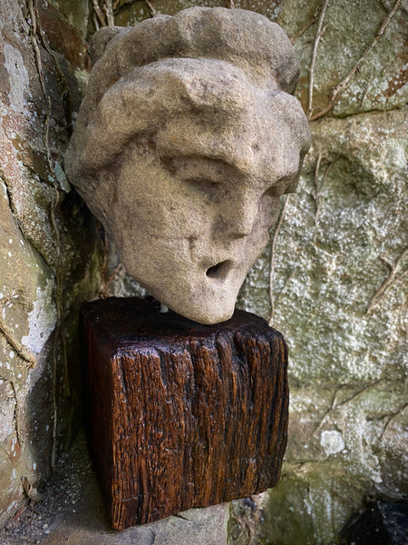 Disturbing Antique Stone Carving Of A Hag / Witch / Ghost Like Entity On A Later Wooden Base - Source Vintage