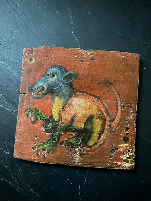 Curious Antique 18th - Early 19th Century Folk Art Painting On Board Of A Medieval Beast