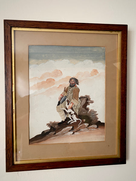 Antique Georgian Late 18th Century Folk Art Collage & Gouache Painting of English Gamekeeper & His Dog