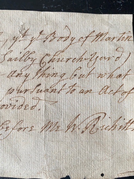 Rare Antique 18th Century Handwritten Sworn Statement Concerning The Body Of A Martin Mackinson & The Burying In Woollen Act