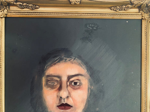 Creepy Framed Vintage Portrait Painting Of A Woman London Art School - Source Vintage