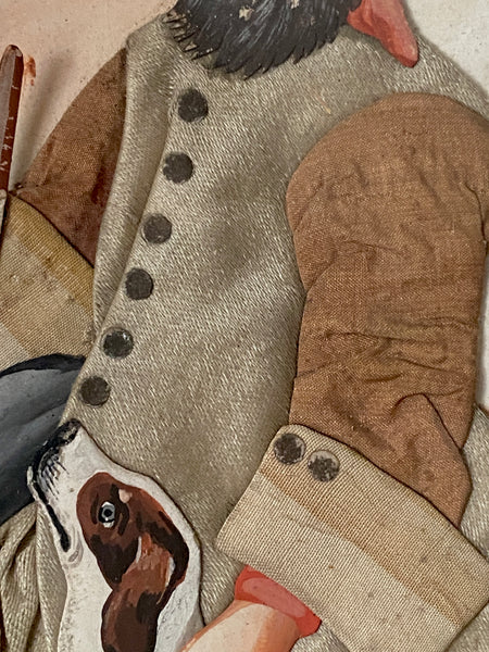 Antique Georgian Late 18th Century Folk Art Collage & Gouache Painting of English Gamekeeper & His Dog