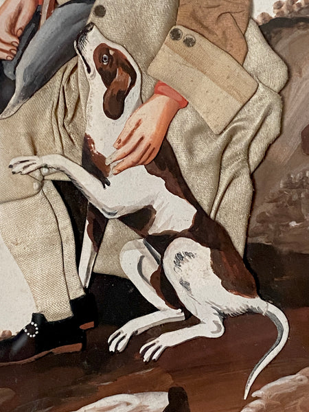 Antique Georgian Late 18th Century Folk Art Collage & Gouache Painting of English Gamekeeper & His Dog