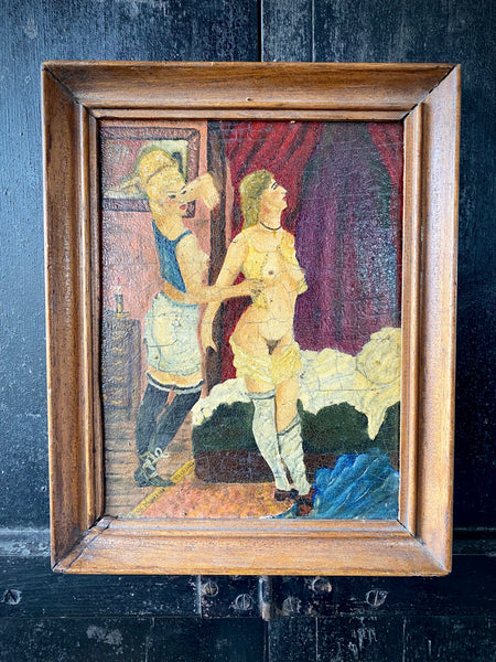 Vintage French Art School Oil On Board Erotic Boudoir Scene - Source Vintage