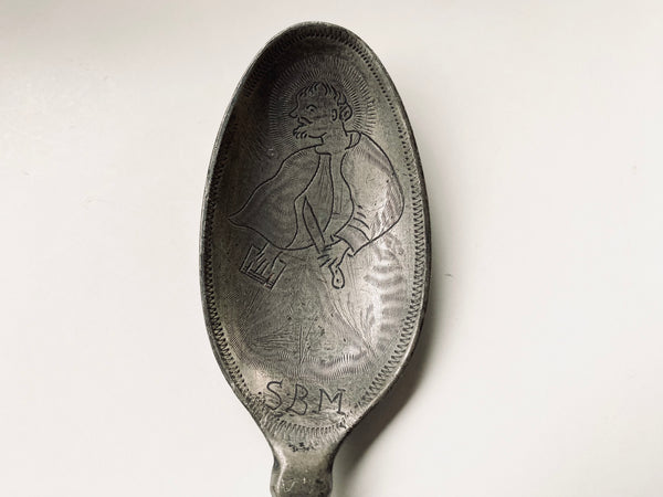 Antique 18th Century Folk Art Wrigglework Engraved Pewter Spoon - St Bartholomew - Source Vintage