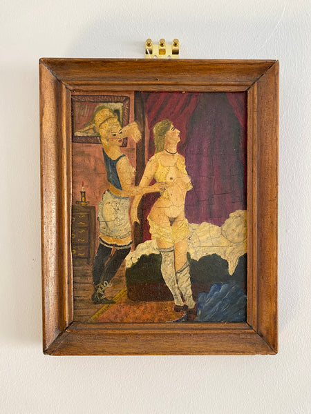 Vintage French Art School Oil On Board Erotic Boudoir Scene - Source Vintage