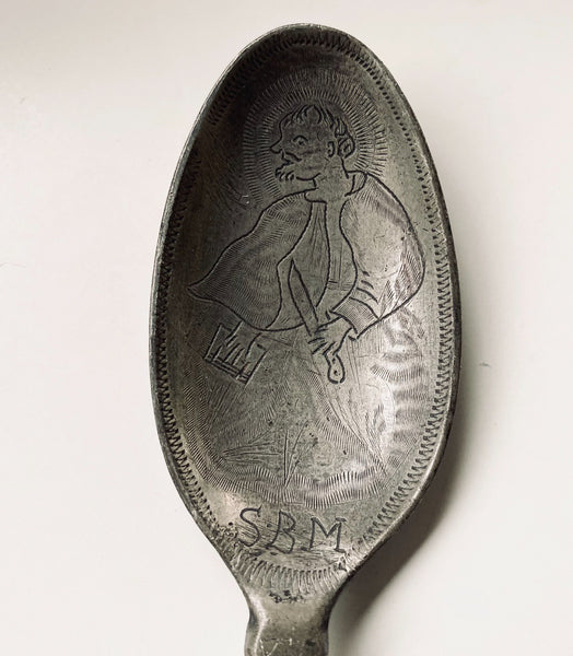 Antique 18th Century Folk Art Wrigglework Engraved Pewter Spoon - St Bartholomew - Source Vintage