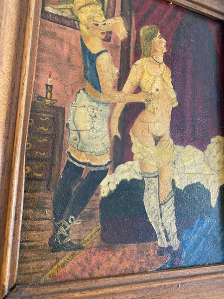 Vintage French Art School Oil On Board Erotic Boudoir Scene - Source Vintage