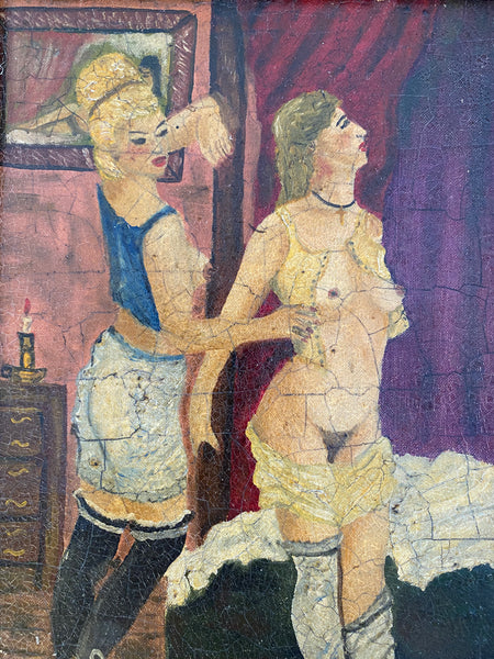 Vintage French Art School Oil On Board Erotic Boudoir Scene - Source Vintage