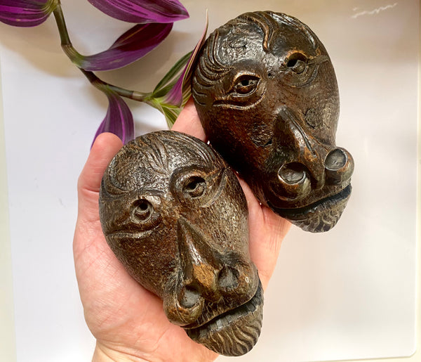 Antique 16th-17th Century Pair Carved Wood Lion Head Fragments - Source Vintage