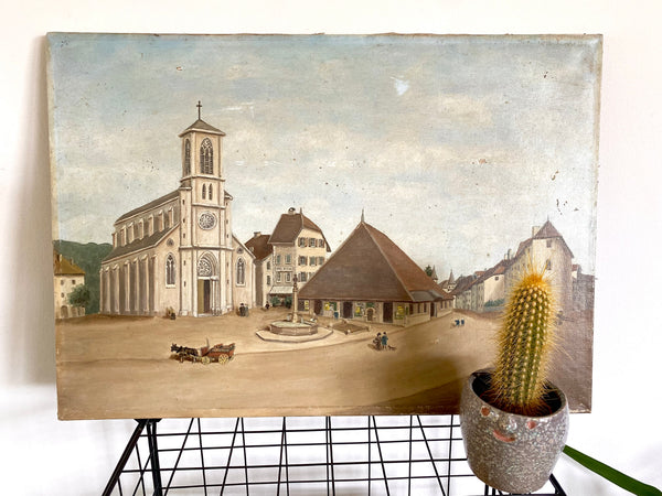 Early 20th Century Naive Folk Art Oil On Canvas Painting Signed & Dated 1904 - Source Vintage