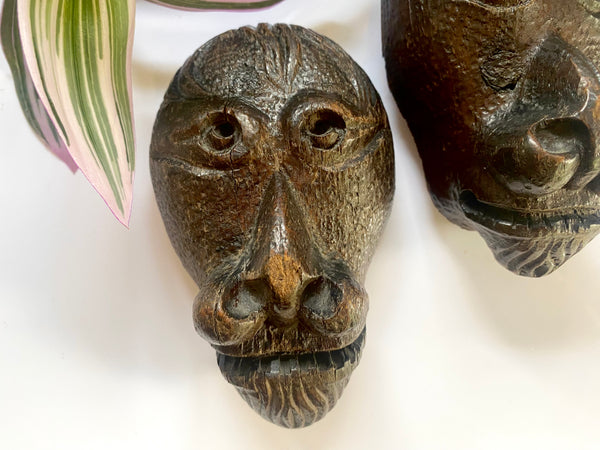 Antique 16th-17th Century Pair Carved Wood Lion Head Fragments - Source Vintage