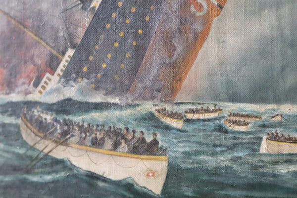 Early 20th Century Naïve Finnish Swedish Folk Art Oil On Canvas Titanic Painting - Source Vintage
