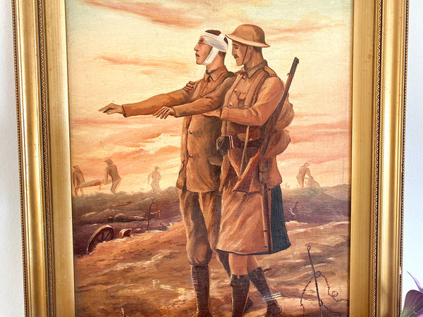 WW1 Folk Art Painting Oil On Board Framed And Signed C.J. Cook - Source Vintage