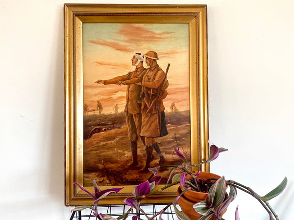 WW1 Folk Art Painting Oil On Board Framed And Signed C.J. Cook - Source Vintage