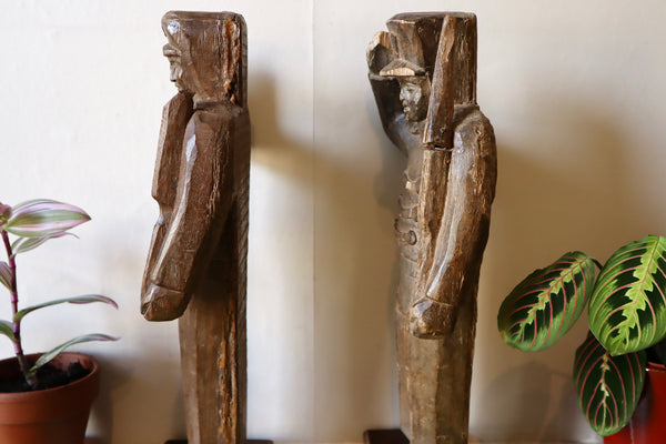 Pair 19th Century Carved Folk Art Saluting Soldiers On Modern Stands - Source Vintage